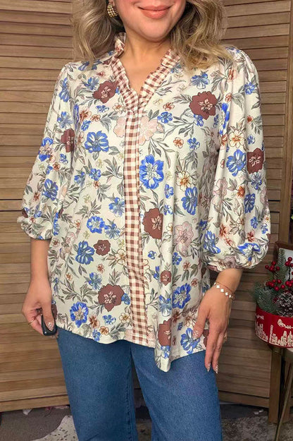 Trendy floral print & plaid ruffle women's boutique tops Southern Stitch XCH17652