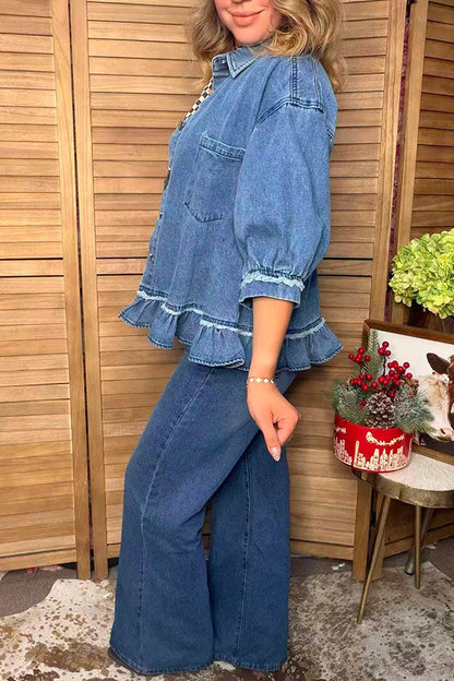 Western denim blue 3/4 sleeve ruffled women's boutique coat Southern Stitch XCH17579