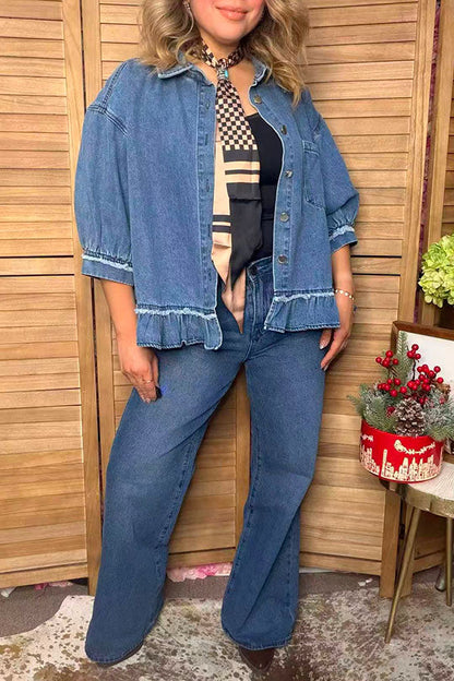 Western denim blue 3/4 sleeve ruffled women's boutique coat Southern Stitch XCH17579