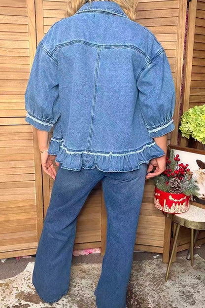 Western denim blue 3/4 sleeve ruffled women's boutique coat Southern Stitch XCH17579