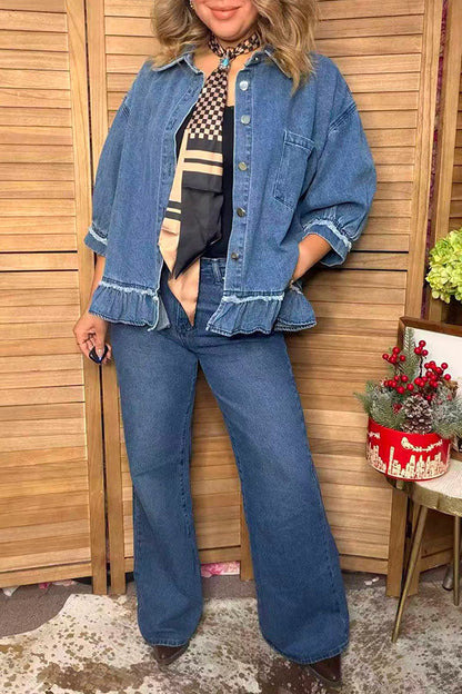 Western denim blue 3/4 sleeve ruffled women's boutique coat Southern Stitch XCH17579
