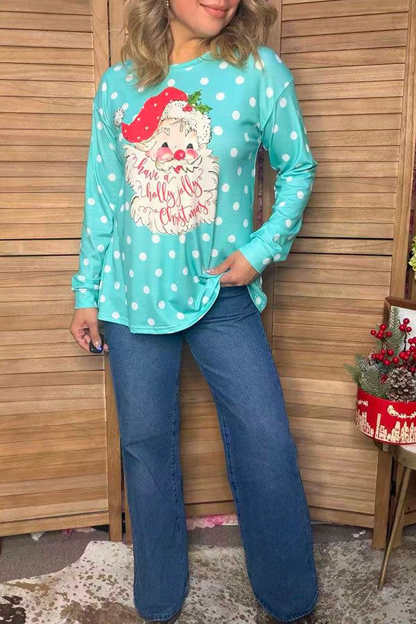 Christmas santa turquoise dots long sleeve women's boutique top Southern Stitch XCH17773