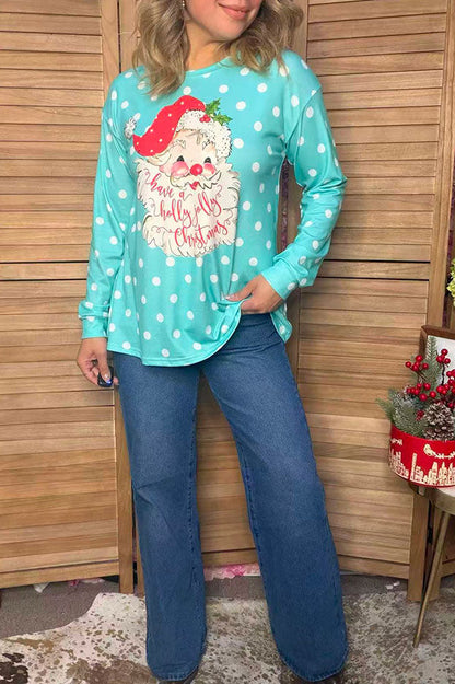 Christmas santa turquoise dots long sleeve women's boutique top Southern Stitch XCH17773