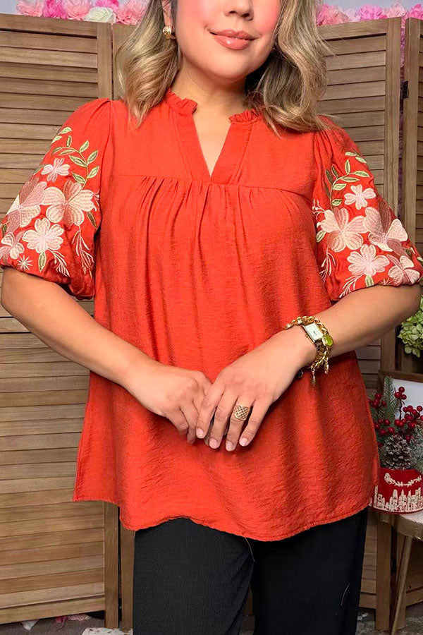 Trendy floral embroidery puff short sleeve women's boutique top Southern Stitch XCH17778