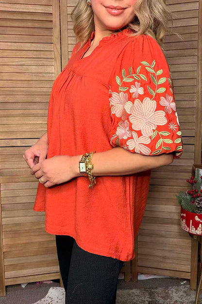Trendy floral embroidery puff short sleeve women's boutique top Southern Stitch XCH17778