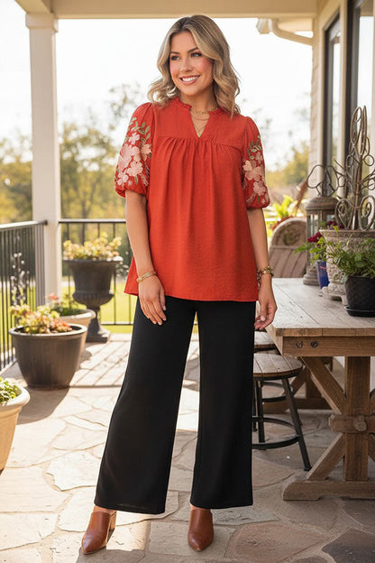 Trendy floral embroidery puff short sleeve women's boutique top Southern Stitch XCH17778
