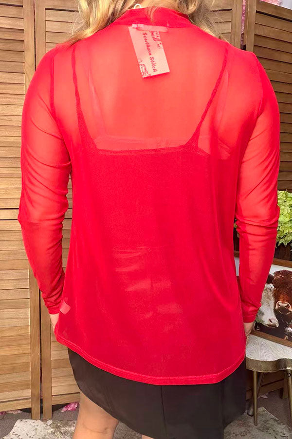 Western red mesh long sleeve women's boutique top Southern Stitch XCH17835