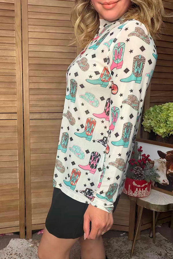 Western boots mesh long sleeve women's boutique top Southern Stitch XCH17837