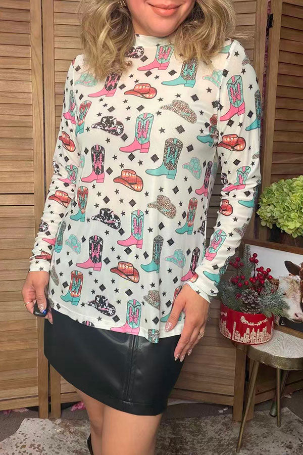 Western boots mesh long sleeve women's boutique top Southern Stitch XCH17837