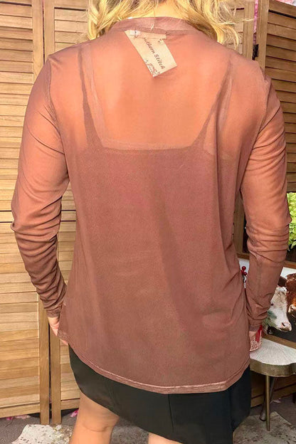 Western brown mesh long sleeve women's boutique top Southern Stitch XCH17836