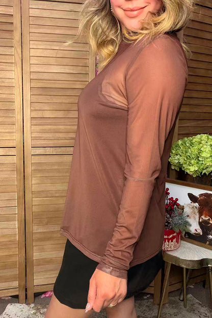 Western brown mesh long sleeve women's boutique top Southern Stitch XCH17836