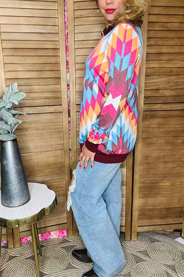 Multi color Aztec printed zipper pullover western plus size women top XCH9577