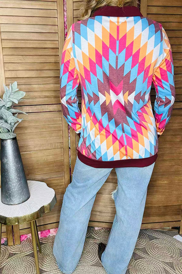 Multi color Aztec printed zipper pullover western plus size women