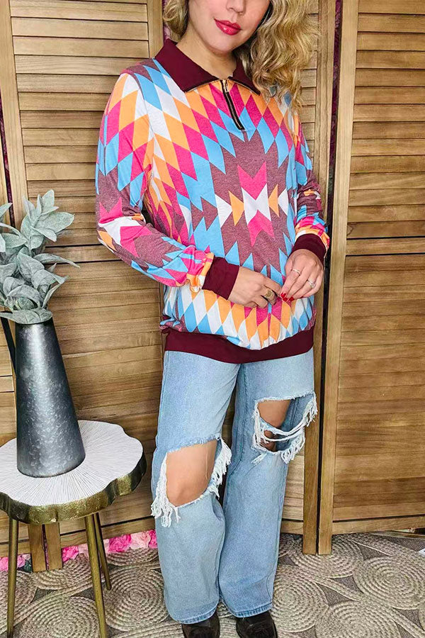 Multi color Aztec printed zipper pullover western plus size women top XCH9577