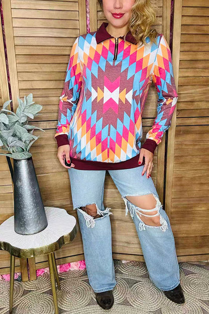 Multi color Aztec printed zipper pullover western plus size women top XCH9577