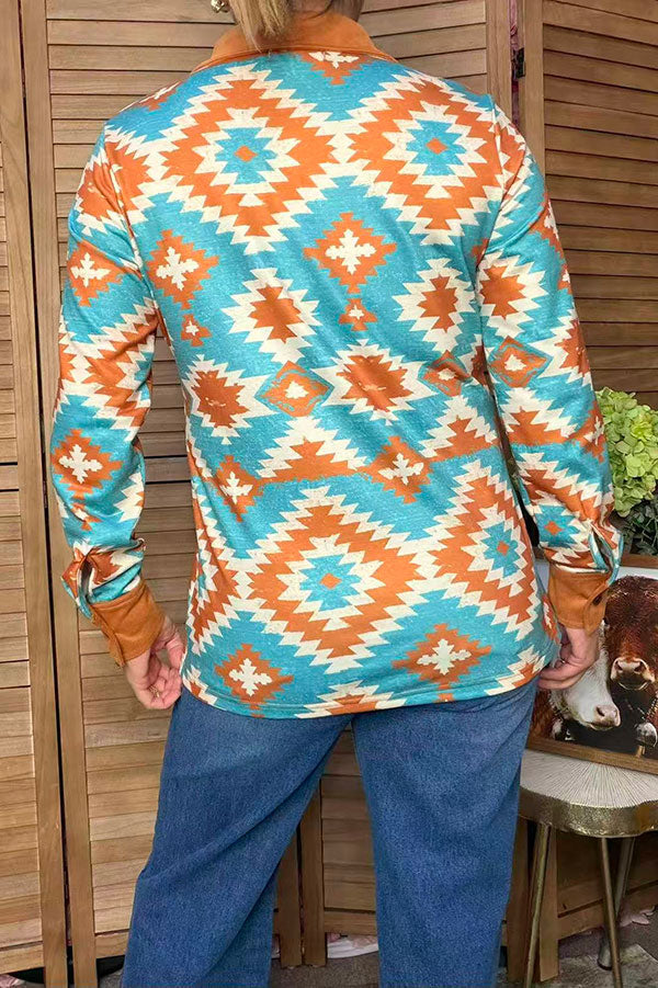 Western aztec print & brown suede long sleve women's boutique top YDG17572