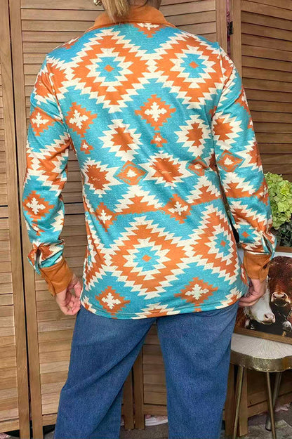 Western aztec print & brown suede long sleve women's boutique top YDG17572