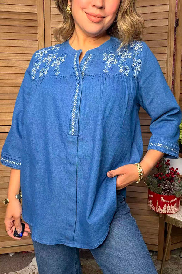 Western floral embroidery soft denim 3/4 sleeves women's boutique top Southern Stitch YDG17573