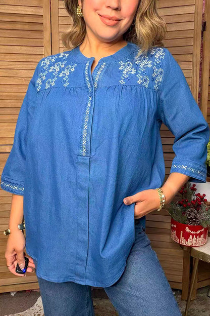 Western floral embroidery soft denim 3/4 sleeves women's boutique top Southern Stitch YDG17573