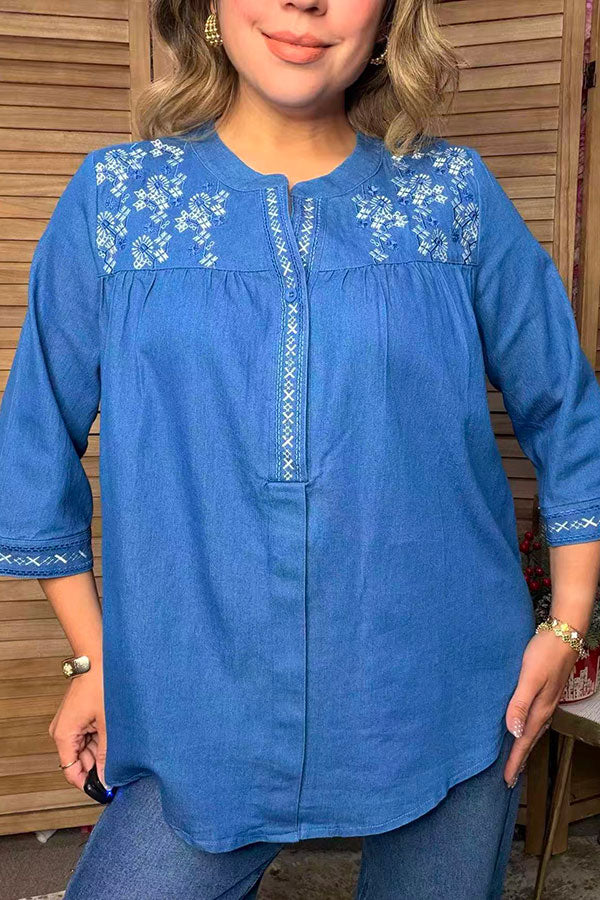 Western floral embroidery soft denim 3/4 sleeves women's boutique top Southern Stitch YDG17573