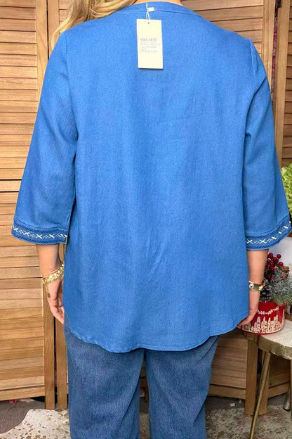 Western floral embroidery soft denim 3/4 sleeves women's boutique top Southern Stitch YDG17573