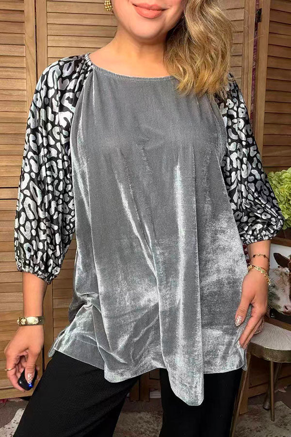 Western leopard & grey velvet women's boutique blouse Southern Stitch YDG17727