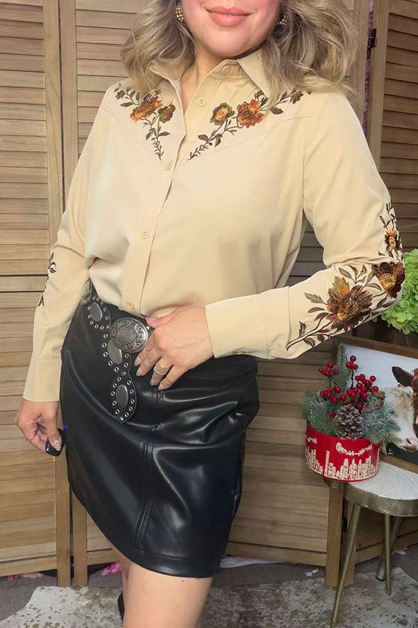 Western floral embroidery long sleeve women's boutique blouse Southern Stitch YDG17746
