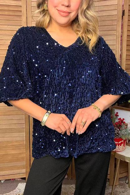 Western navy blue sequin bell sleeve women's boutique top Southern Stitch YDG17780