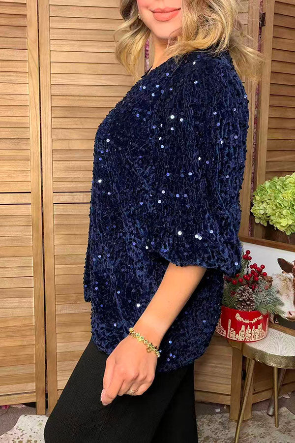 Western navy blue sequin bell sleeve women's boutique top Southern Stitch YDG17780