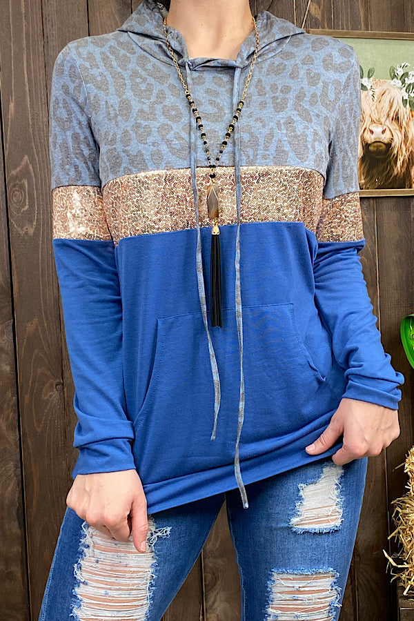YMY10529 Blue/leopard & sequin hoodie