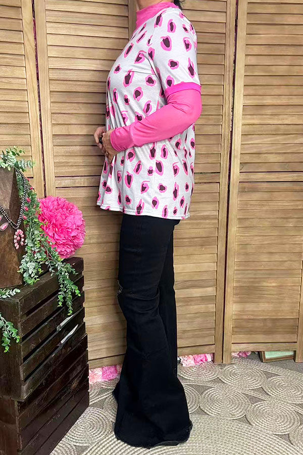 Grey/fuchsia leopard printed short sleeve women top YMY10657