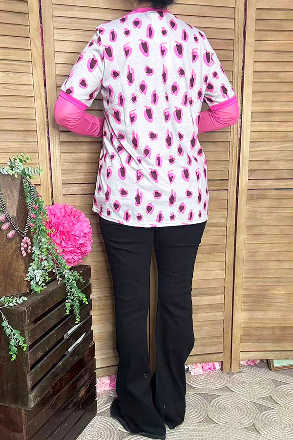Grey/fuchsia leopard printed short sleeve women top YMY10657