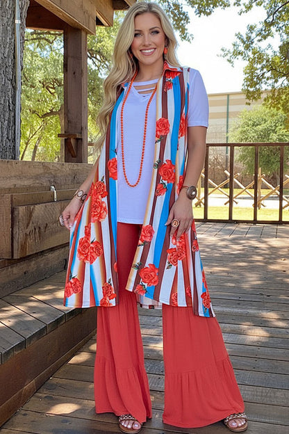 Western trendy striped & roses printed long women's boutique vest YMY10836