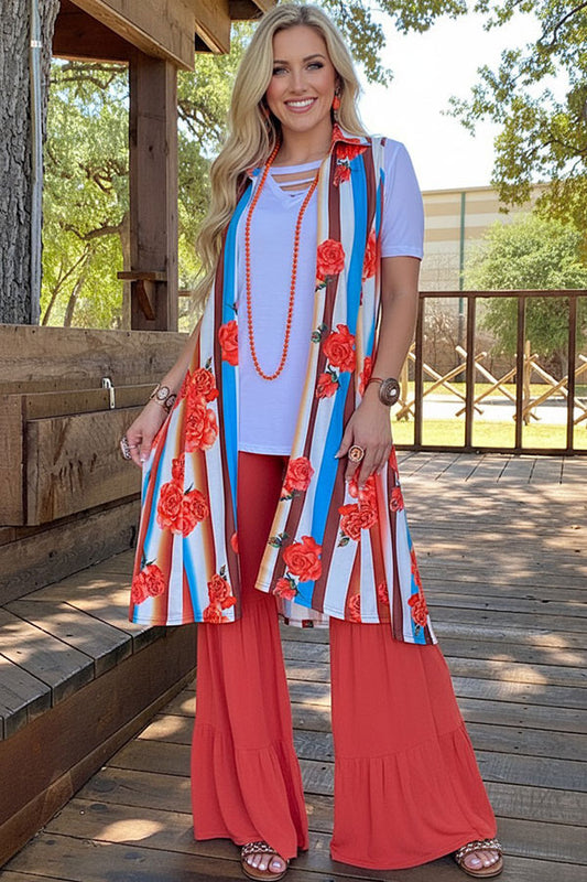 Western trendy striped & roses printed long women's boutique vest YMY10836