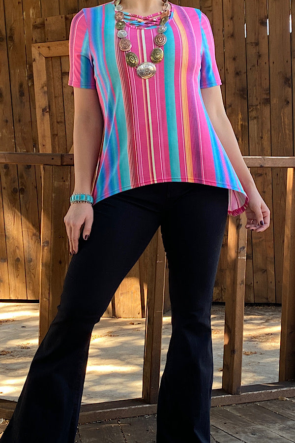 YMY11024 Serape printed blouse w/criss cross neckline