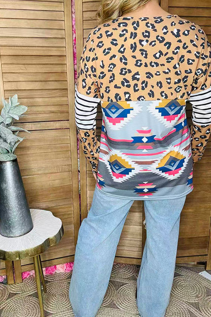Western leopard & aztec & striped color block long sleeve women top YMY11637