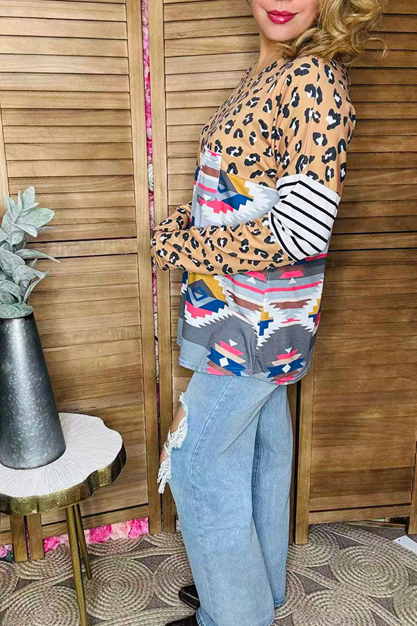 Western leopard & aztec & striped color block long sleeve women top YMY11637
