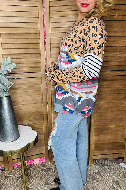 Western leopard & aztec & striped color block long sleeve women top YMY11637