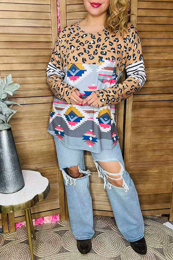 Western leopard & aztec & striped color block long sleeve women top YMY11637