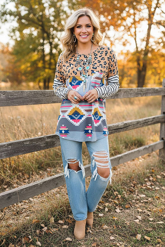 Western leopard & aztec & striped long sleeve women's boutioque top YMY11637