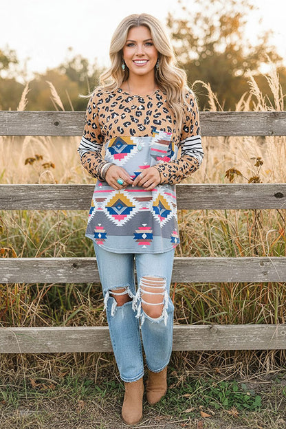 Western leopard & aztec & striped long sleeve women's boutioque top YMY11637