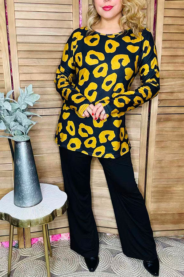 Yellow leopard printed long sleeve women top YMY11638