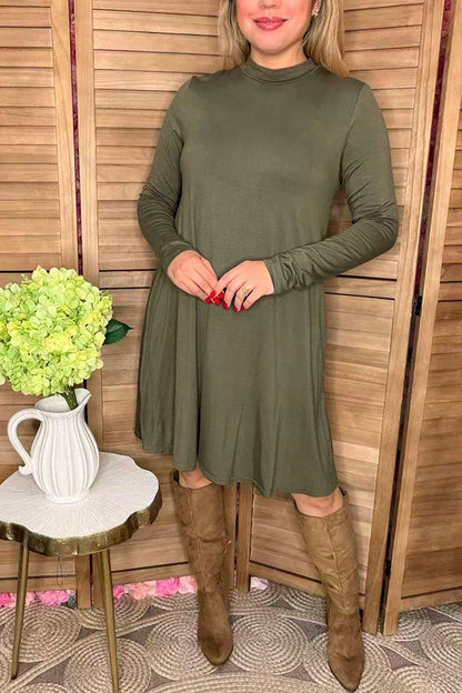Solid olive green long sleeve dress w/pockets YMY11950-1