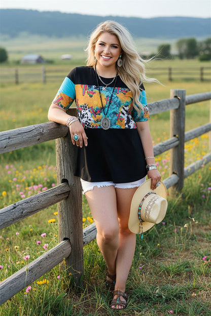 YMY12592 Western patterns printed & black short sleeve women top