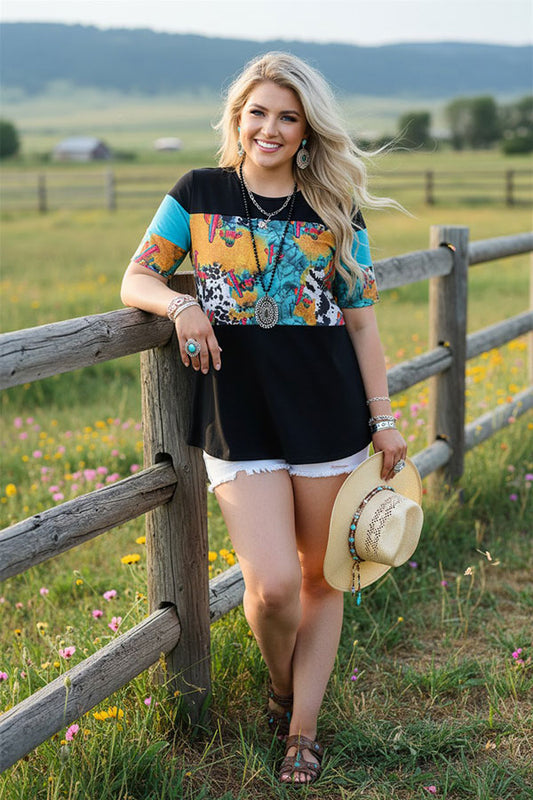 YMY12592 Western patterns printed & black short sleeve women top