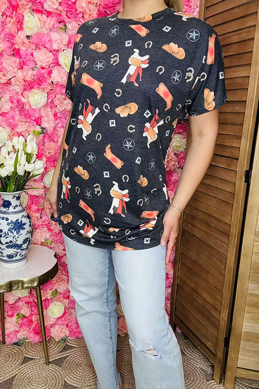 Wholesale t-shirt Boots printed wrinkle side with short sleeves grey women top YMY13805