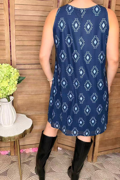 Aztec printed dark blue background sleeveless women dress YMY13971