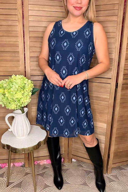 Aztec printed dark blue background sleeveless women dress YMY13971