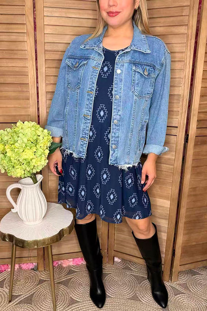 Aztec printed dark blue background sleeveless women dress YMY13971