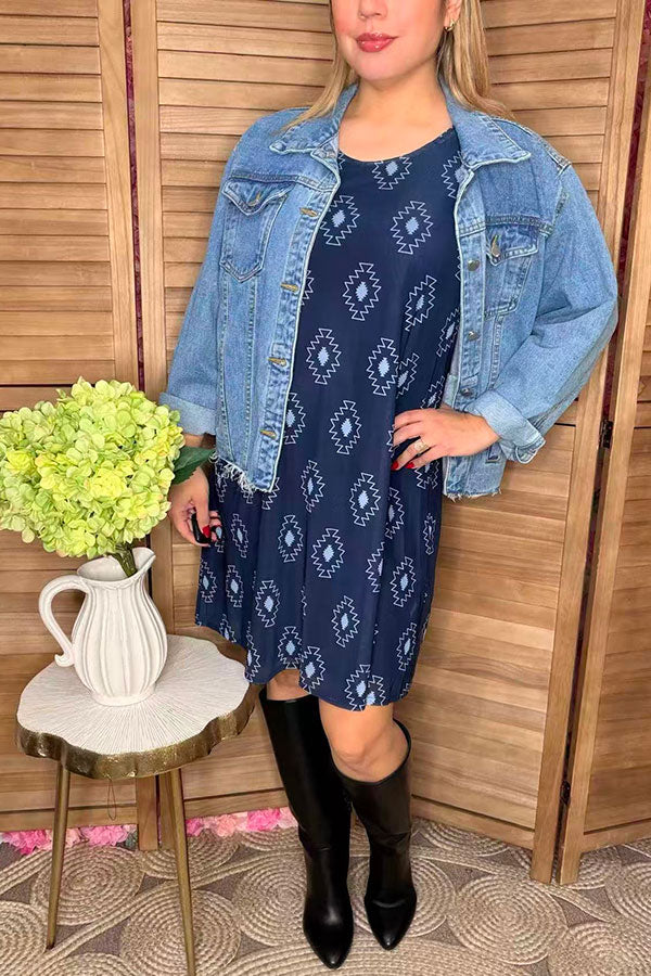 Aztec printed dark blue background sleeveless women dress YMY13971